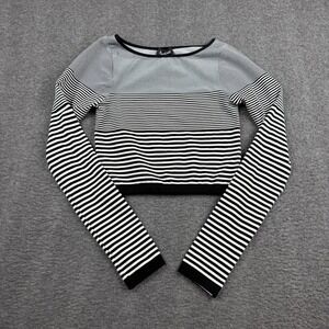 Bebe Women's S/P Small Black White Striped Long Sleeve Crop Top Boat Neck
